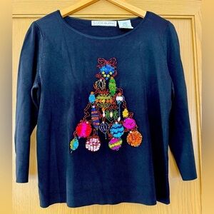 Vintage Lucia Burns Quarter Sleeve Scoop Neck Sequinced Christmas Tree Sweater